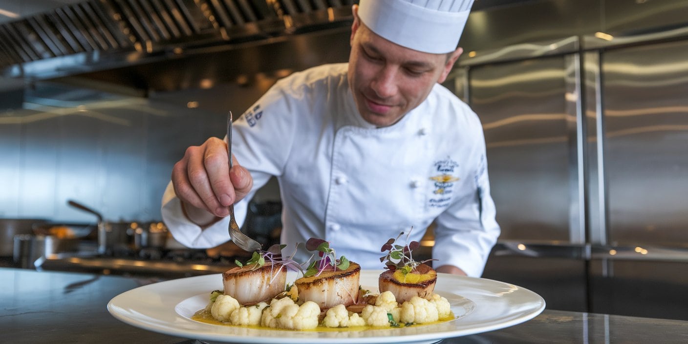 A Michelin-starred chef plating gourmet food