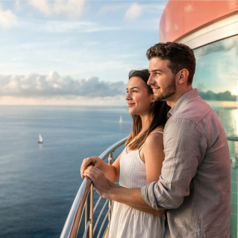 A millennial couple on balcony of luxury cruise ship