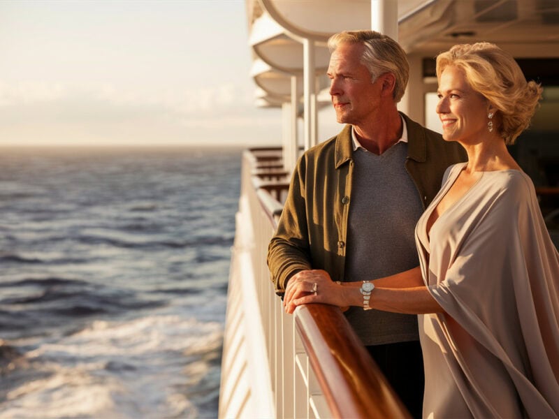 A mature elegant couple on balcony of luxury cruise ship