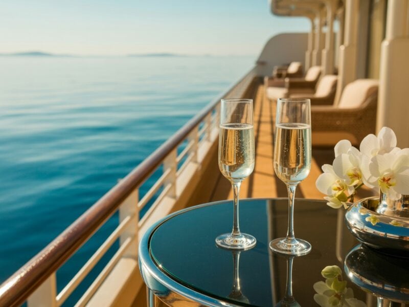 An Ultra Luxury Cruise Ship Balcony with Champagne