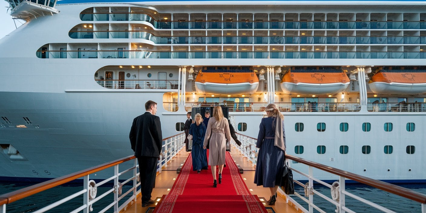 Guests boarding a luxury cruise ship