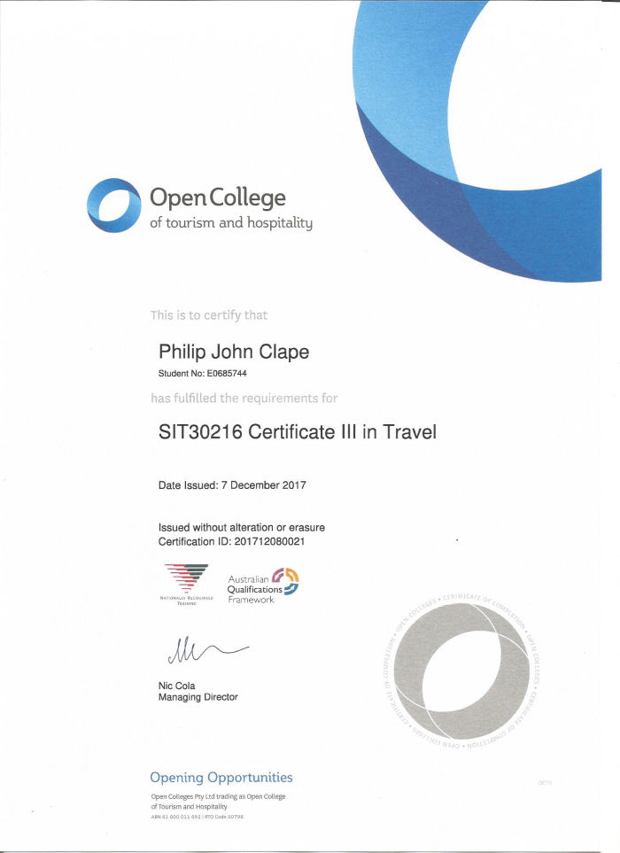 Philip Clape - Certificate III in Travel SIT30216